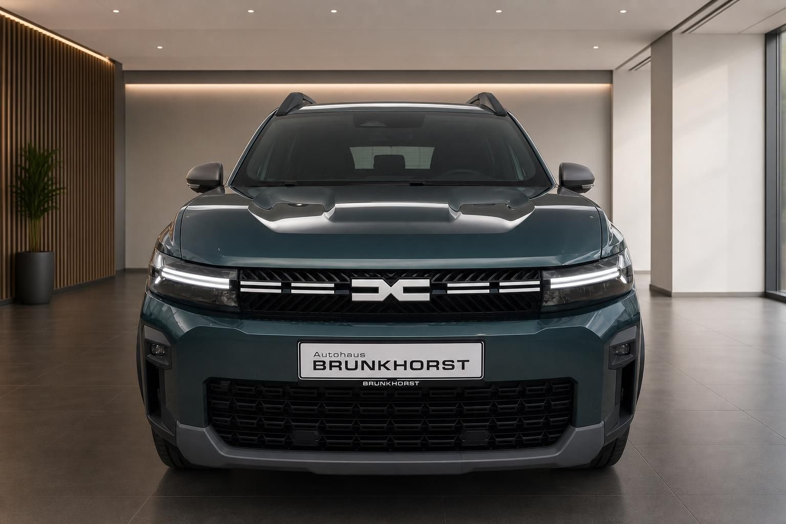 Dacia Bigster Frontansicht mit markantem Kuehlergrill im Autohaus