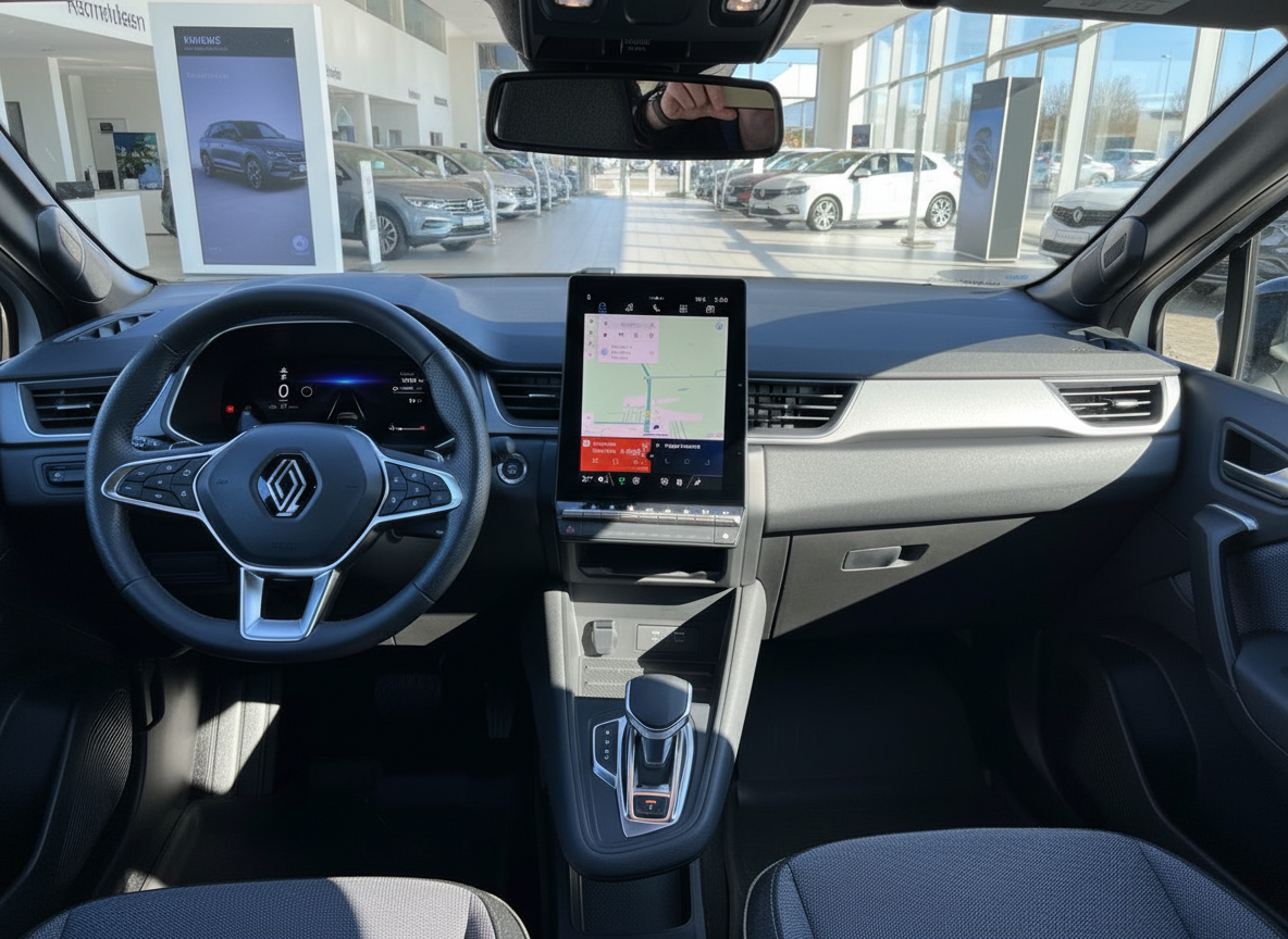 Renault Innenraum mit großem Touchscreen-Navi, Lederlenkrad und Automatikgetriebe im Autohaus