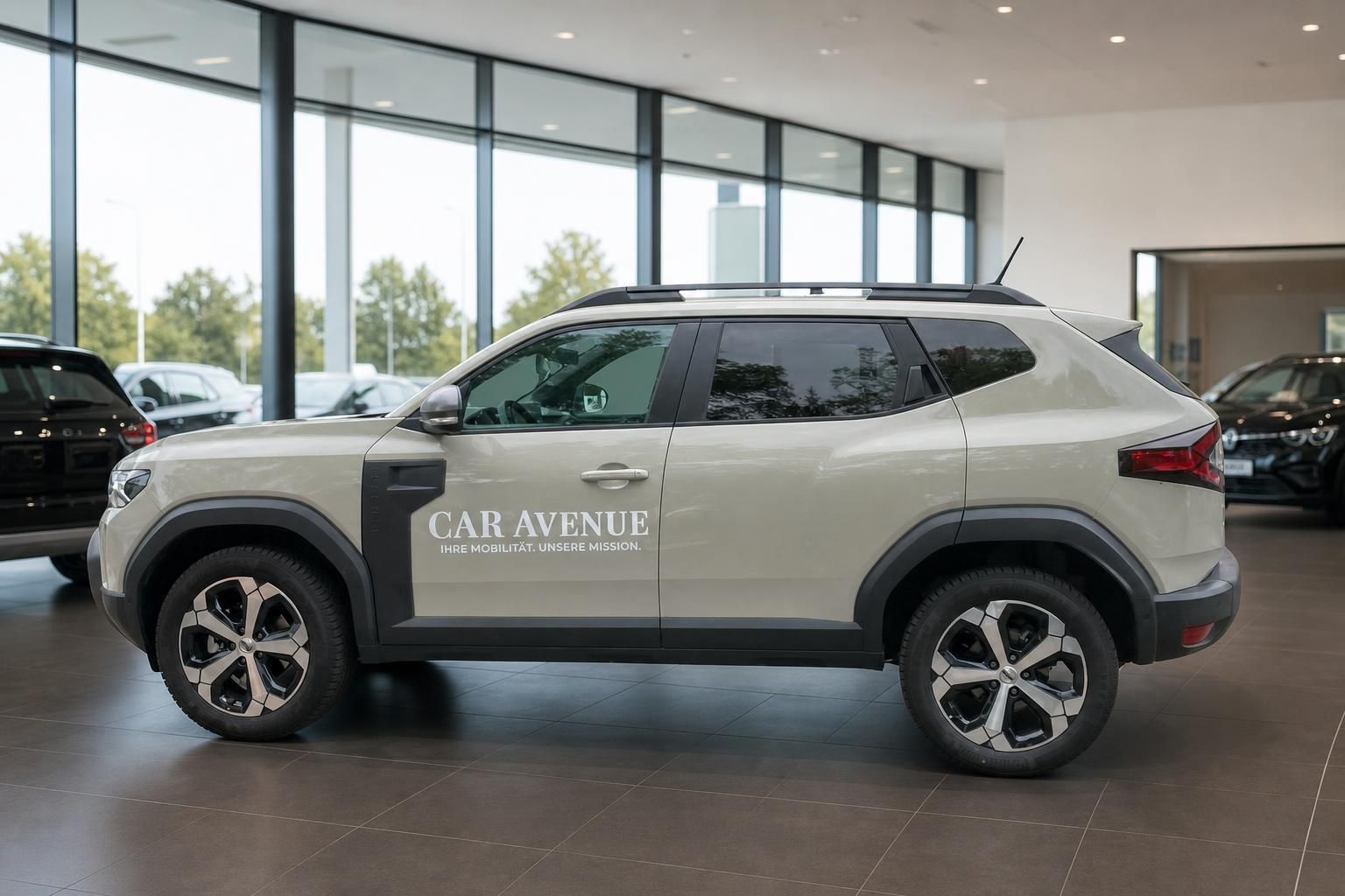 Dacia Duster Seitenansicht beige im Autohaus Showroom