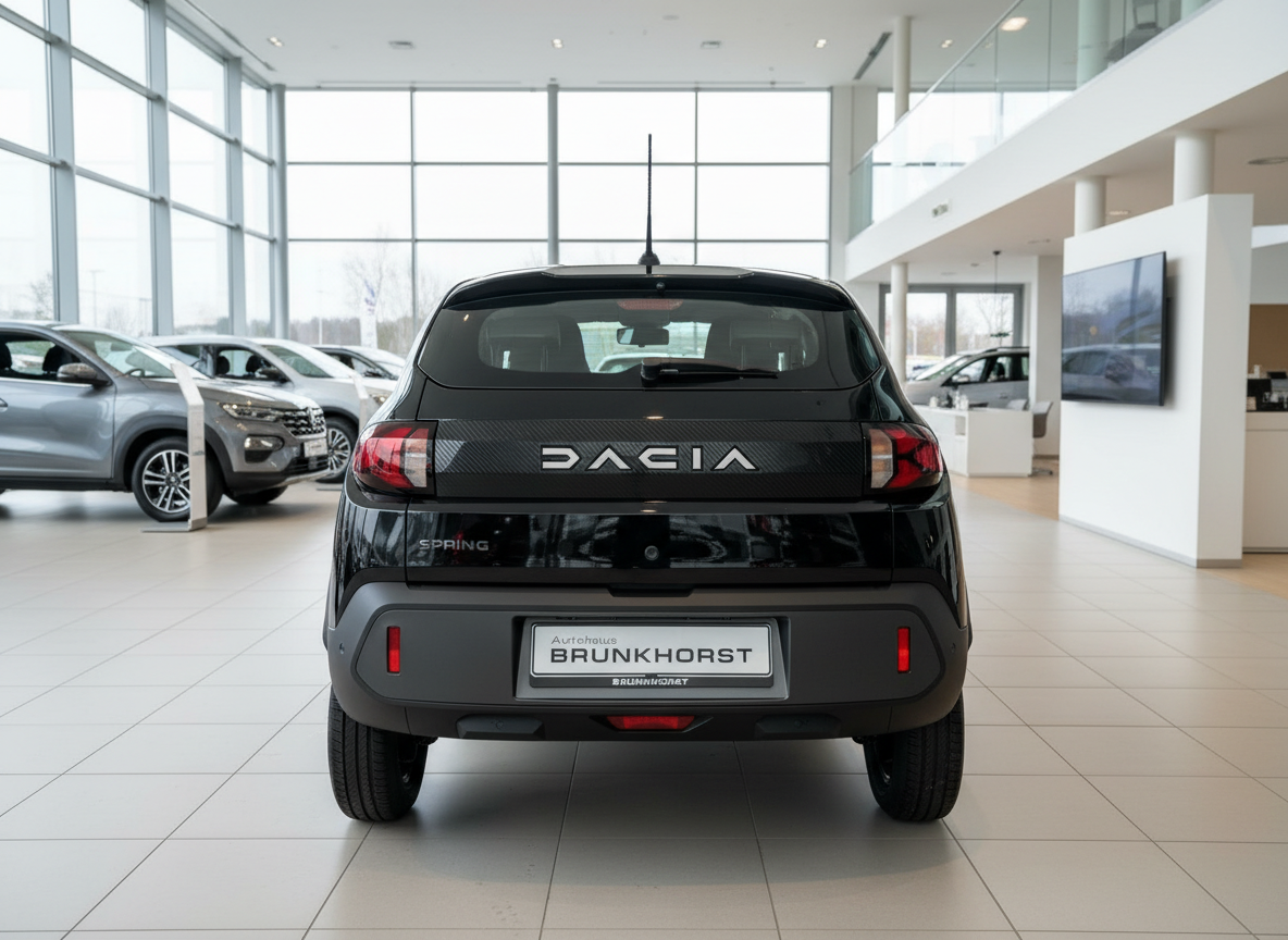 Schwarzer Dacia Spring Heckansicht im Autohaus Brunkhorst Showroom