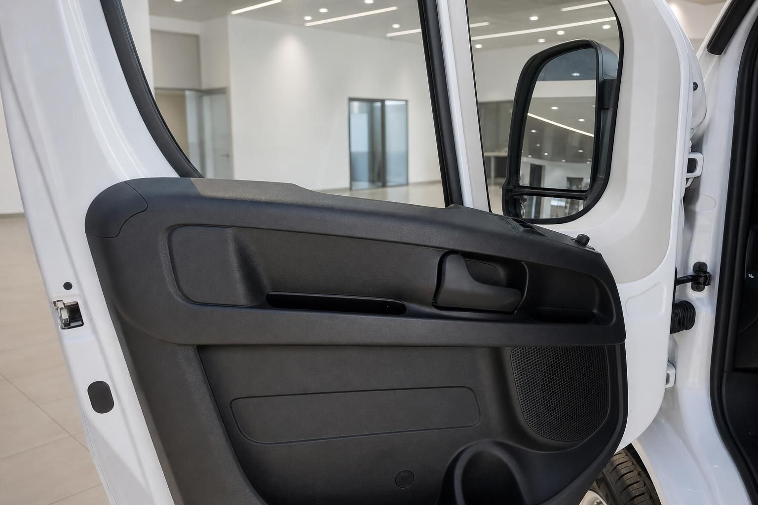 Türverkleidung und Außenspiegel eines weißen Transporters im Detail