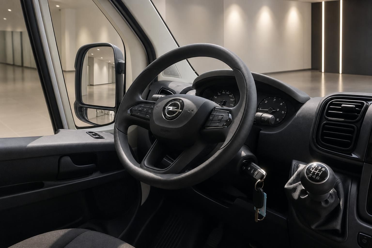 Opel Lenkrad mit Schaltknauf und Zündschlüssel im Fahrzeuginnenraum
