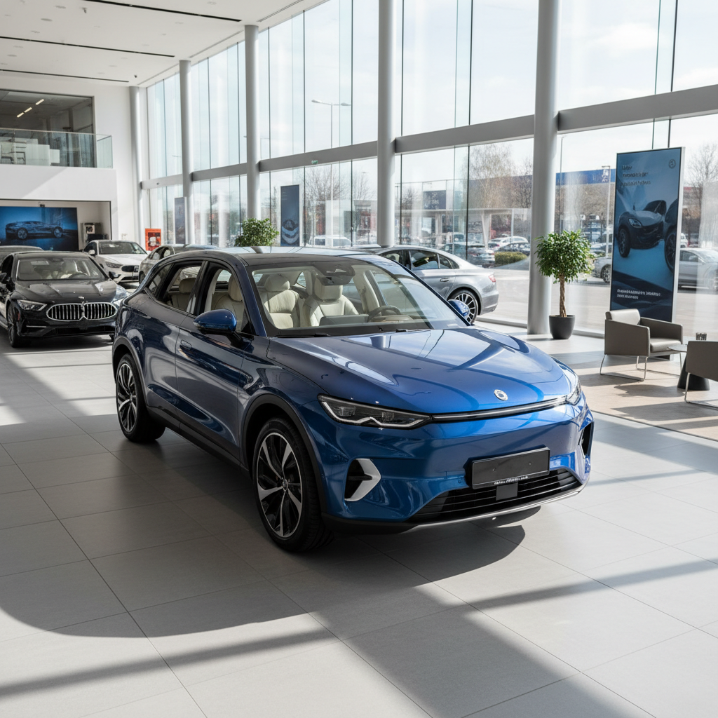 Blauer Elektro-SUV im modernen Autohaus-Showroom mit heller Glasfassade