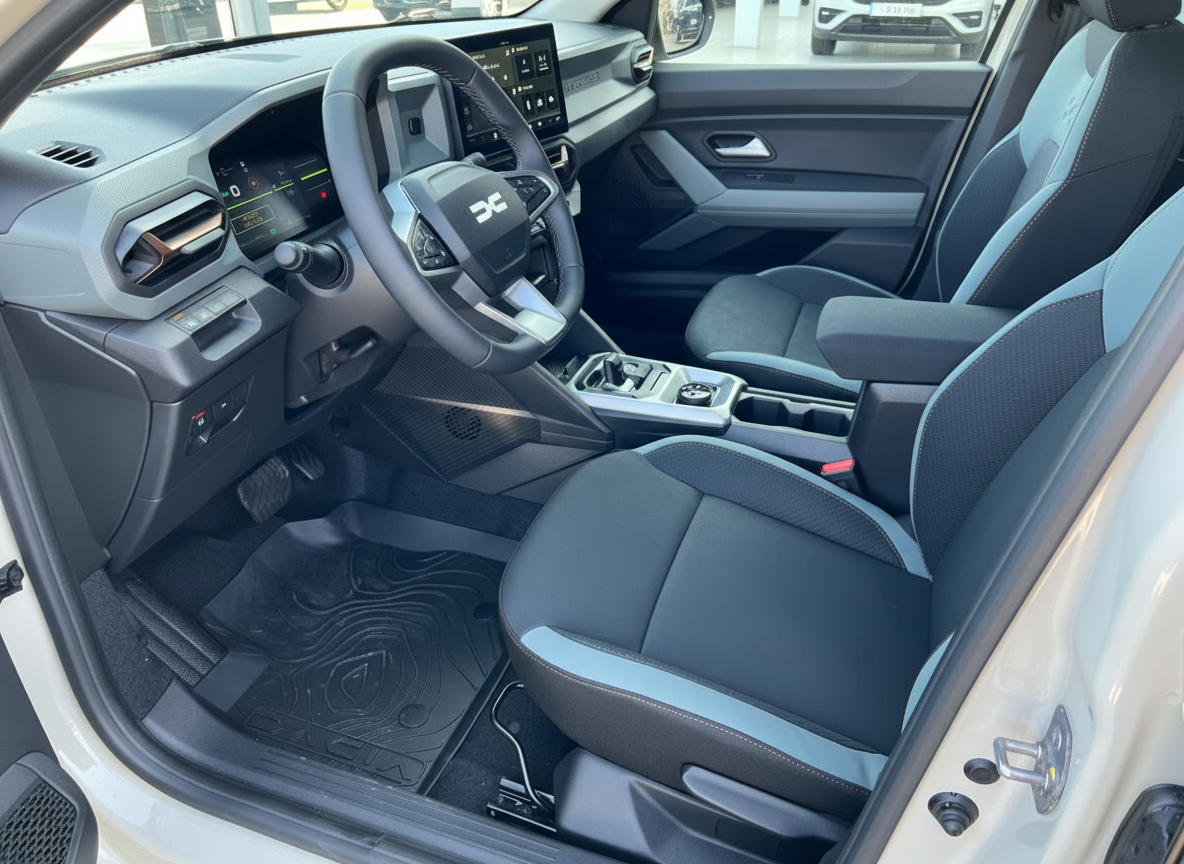 Dacia Innenraum mit schwarzen Stoffsitzen, digitalem Cockpit und modernem Infotainment-System