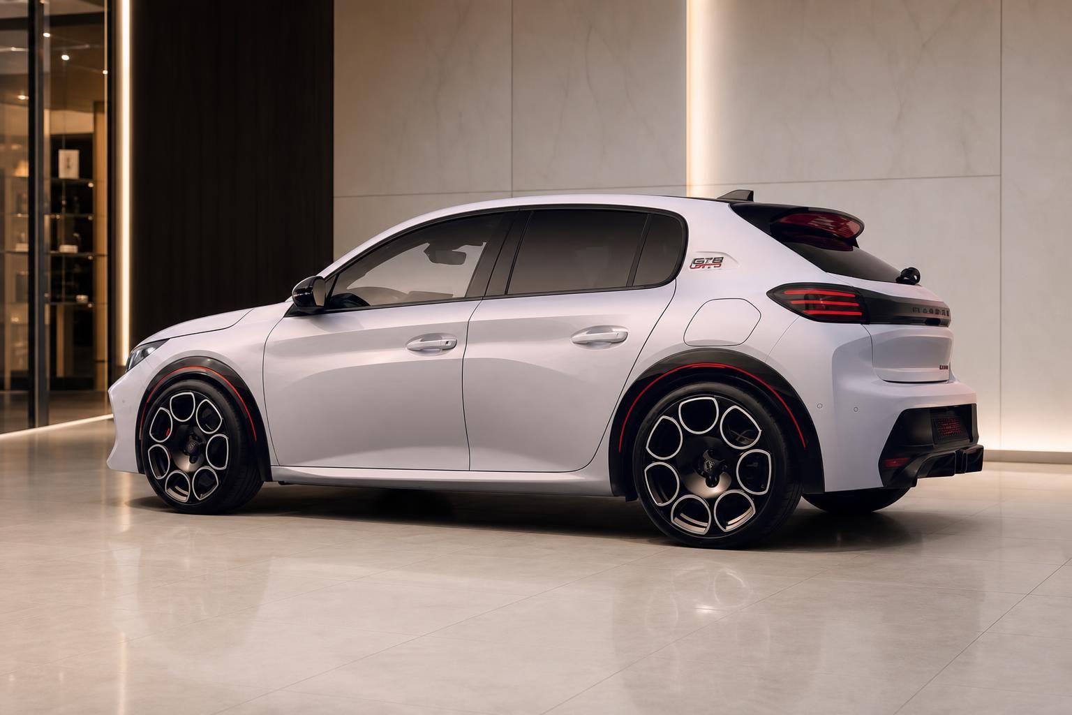 Peugeot E-208 GTI weiß Seitenansicht mit Heckspoiler im Showroom