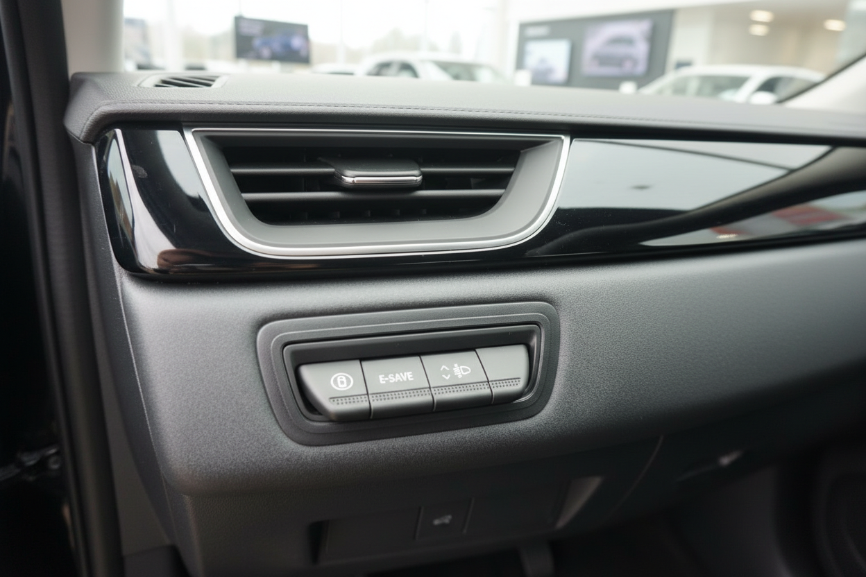 Fahrzeug Innenraum Detail: Armaturenbrett mit Lüftungsdüse und Bedientasten E-Save