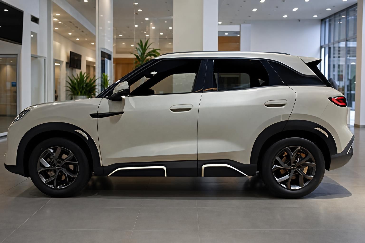 BYD Atto 2 SUV in Weiß, Seitenansicht im Autohaus
