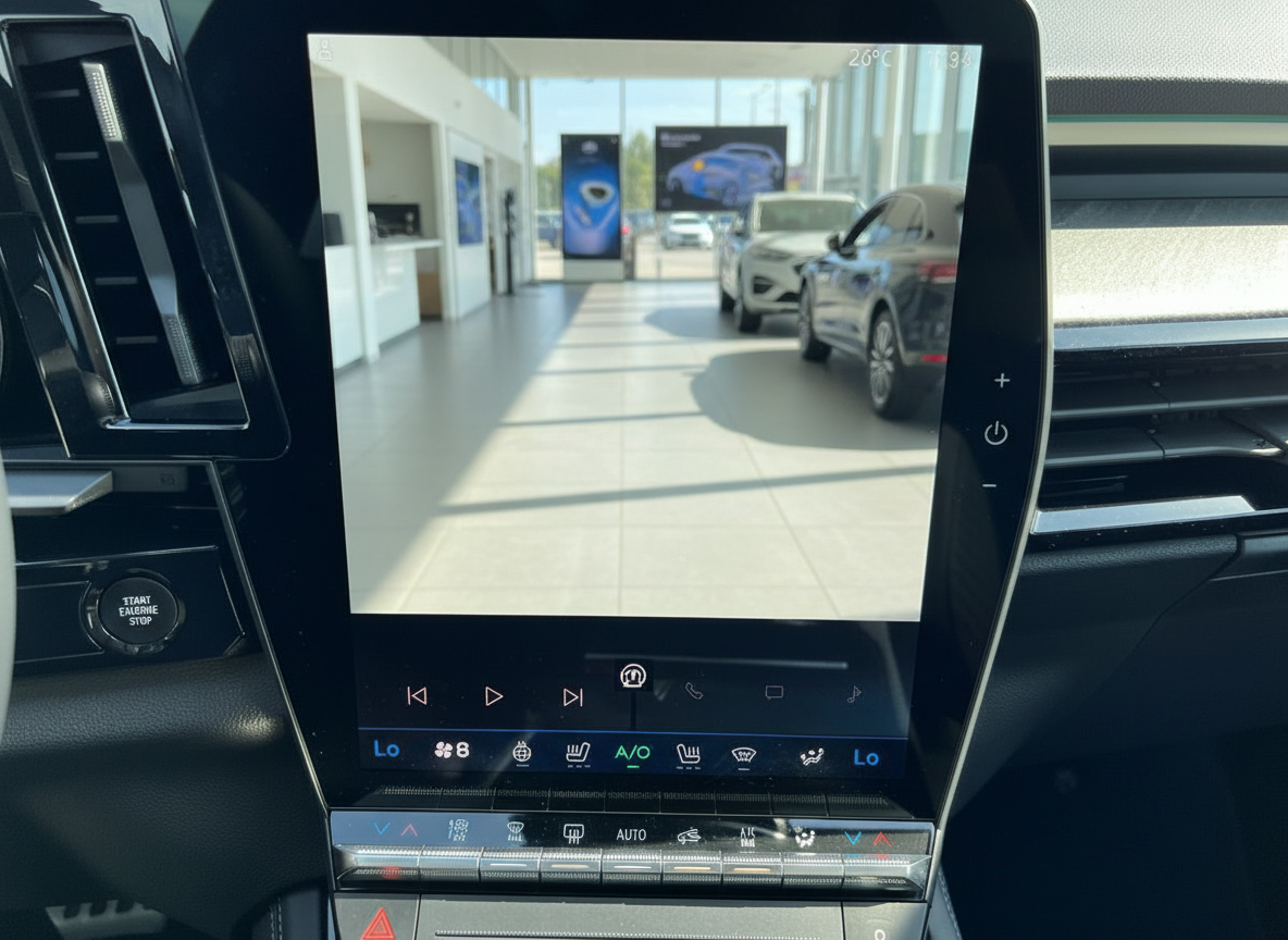 Fahrzeug-Innenraum mit großem Touchscreen-Infotainmentsystem und Klimabedienung im Autohaus