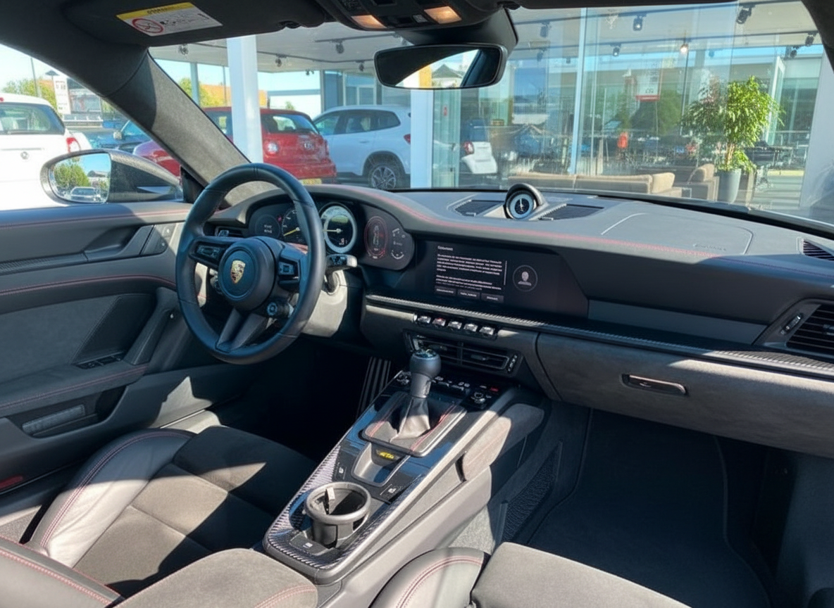 Innenraum Porsche 911 992 mit schwarzem Leder-Alcantara-Interieur, roter Kontrastnaht, digitalem Cockpit, Touchscreen-Infotainment und PDK-Automatikgetriebe im Autohaus