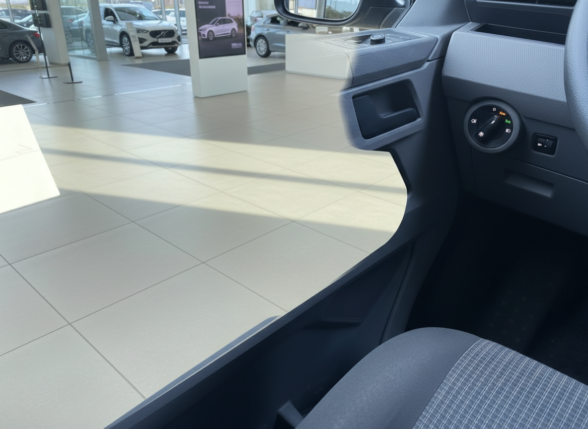 Fahrzeuginnenraum mit Lichtschalter und Sitz im Autohaus-Showroom