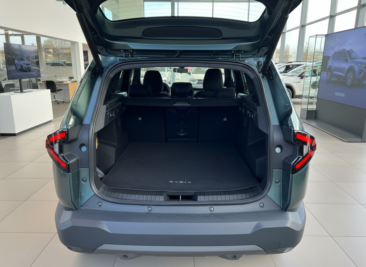 Dacia SUV Kofferraum offen im Autohaus – geräumiger Laderaum in Grau