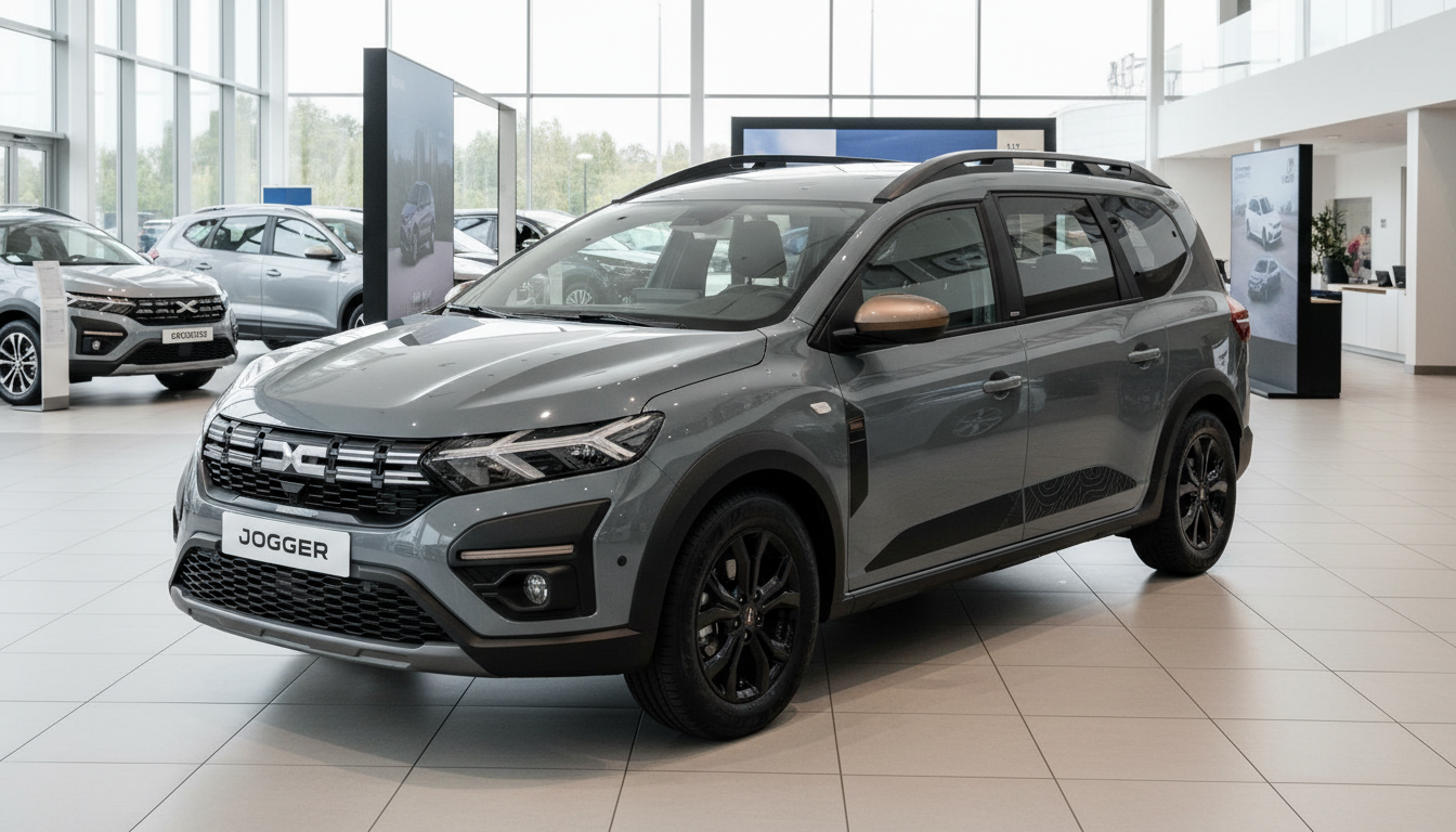 Grauer Dacia Jogger mit schwarzen Felgen im Autohaus Showroom Frontansicht