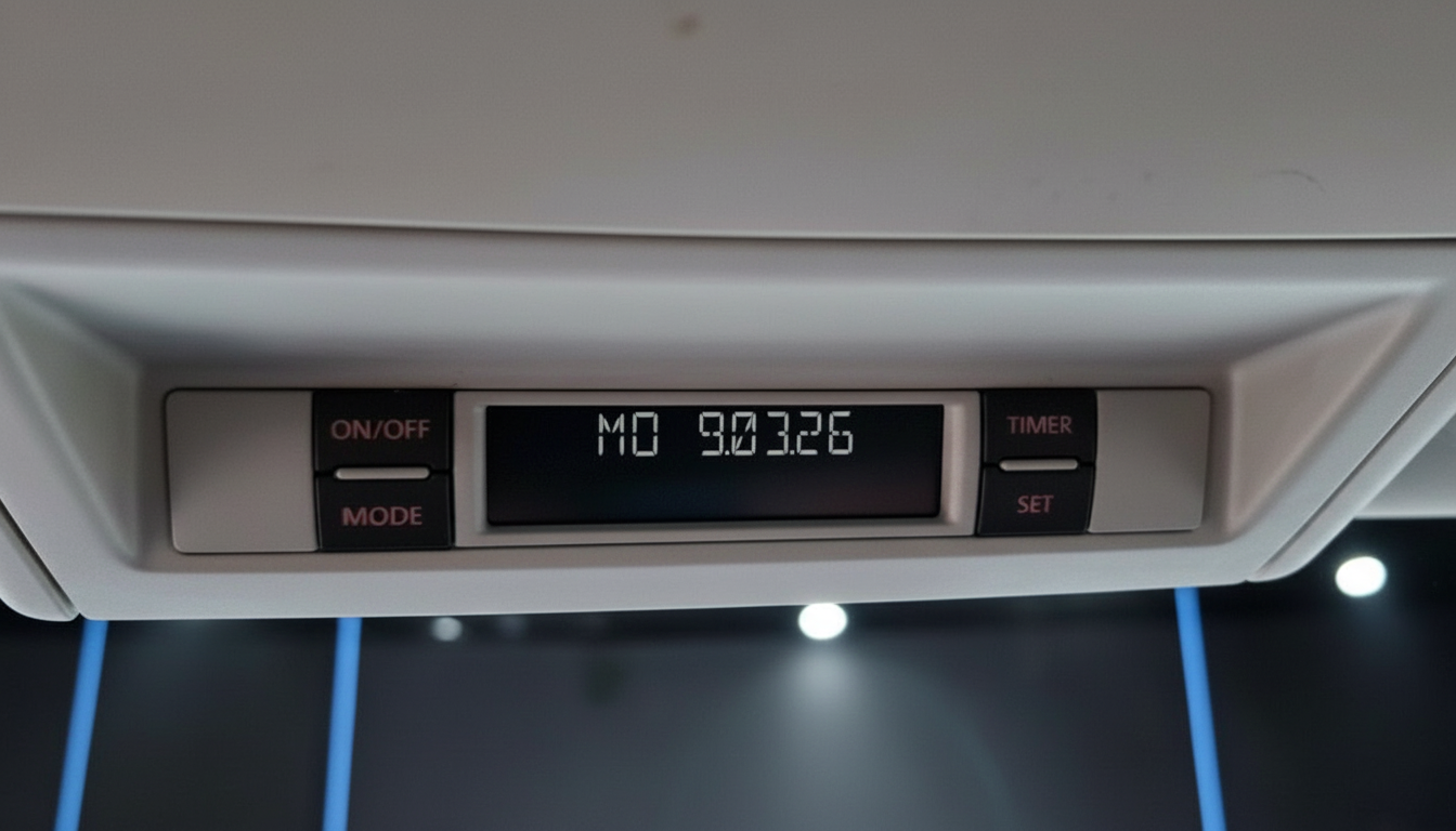 Fahrzeug-Innenraumdisplay mit ON/OFF, MODE, TIMER und SET Tasten sowie digitaler Anzeige