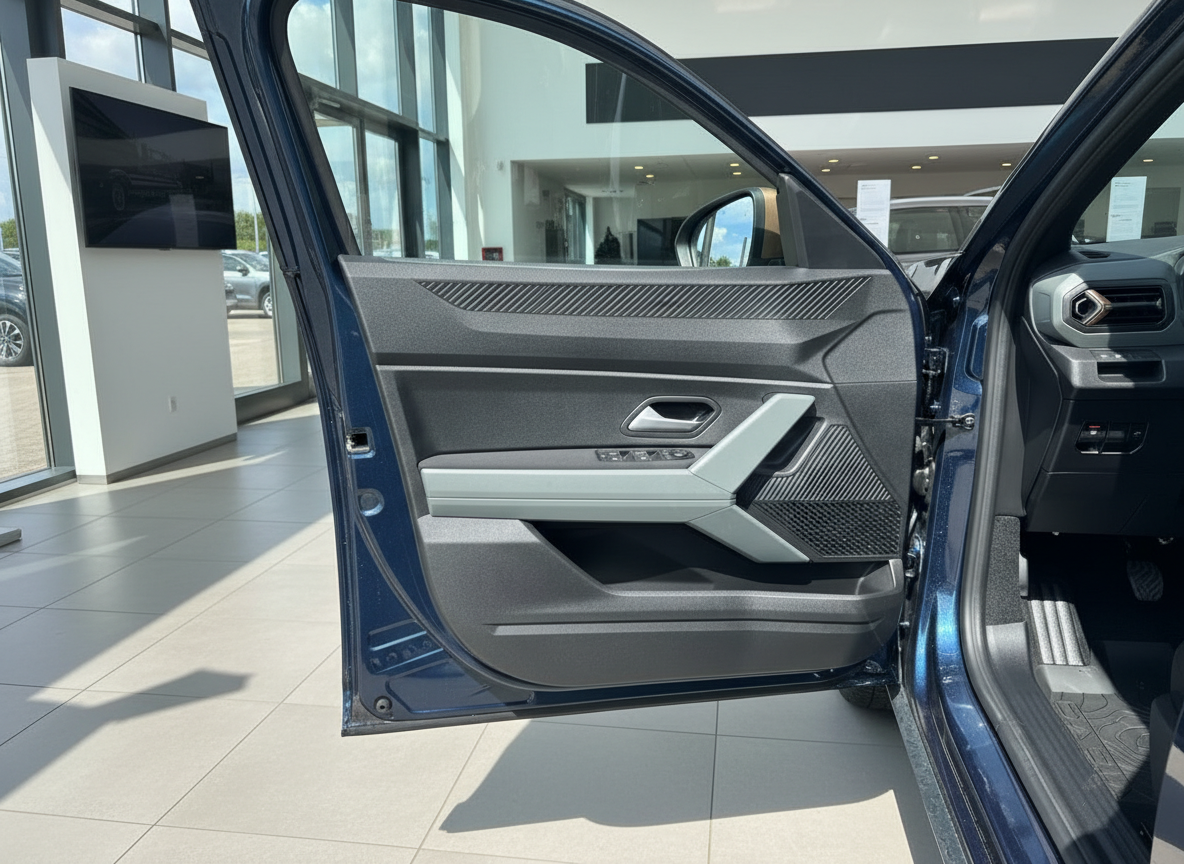 Geöffnete Fahrertür eines dunkelblauen SUV mit modernem Türverkleidung-Design im Autohaus