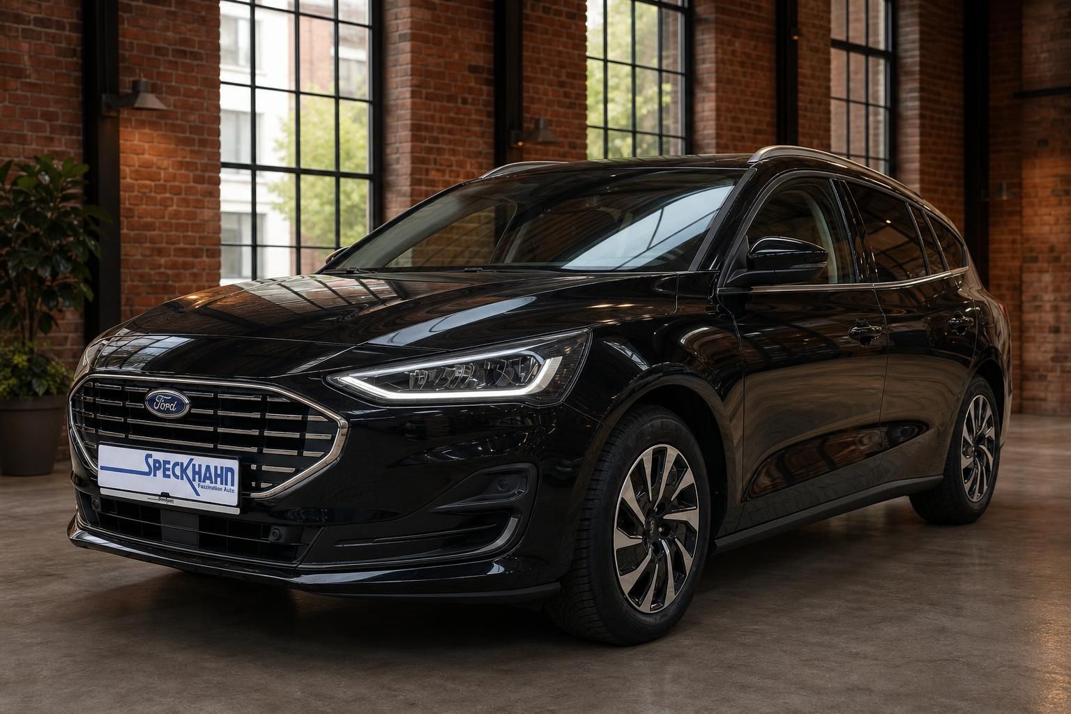 Ford Focus Turnier schwarz Frontansicht in Industriehalle