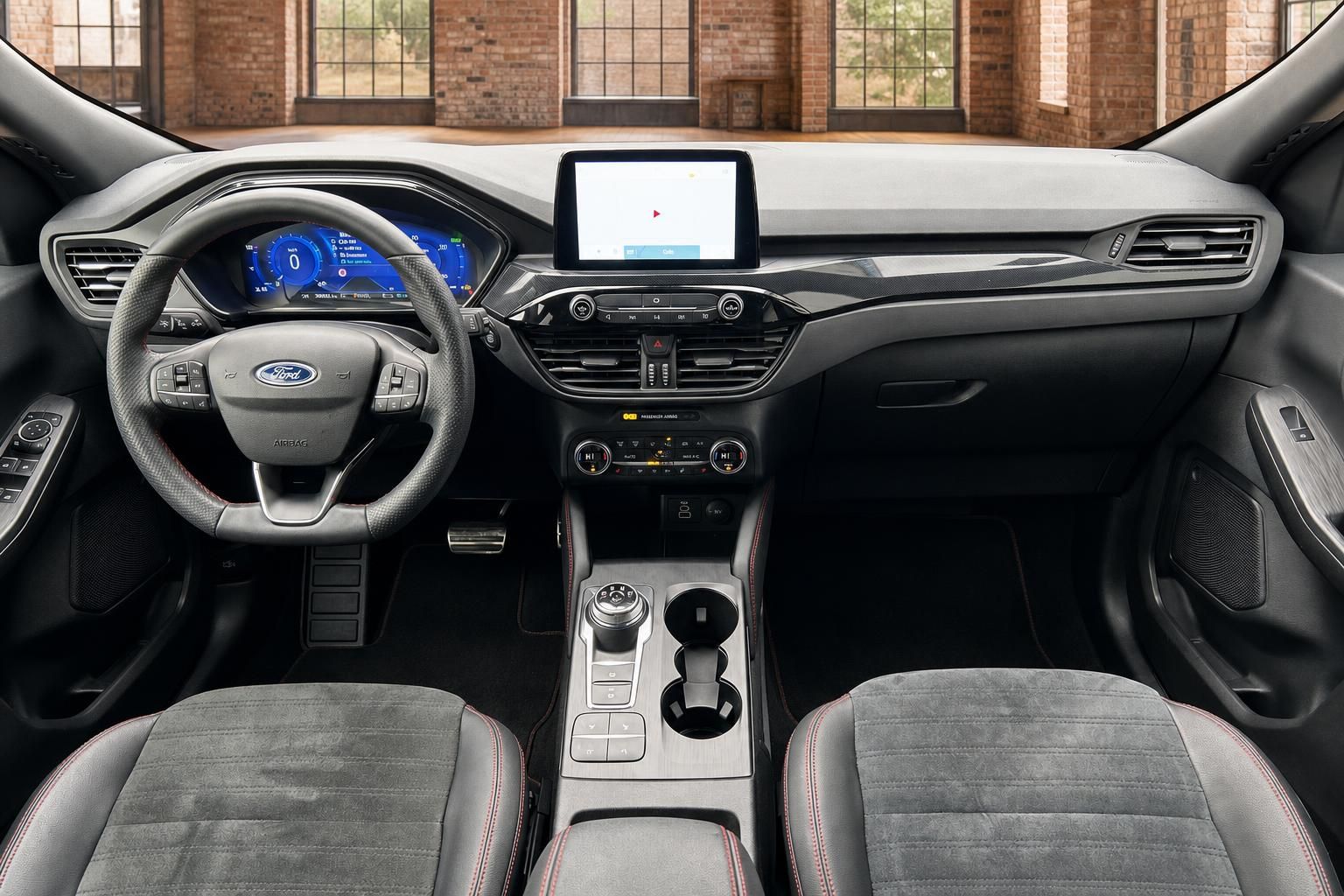 Ford Cockpit Gesamtansicht mit Lenkrad, Sitzen und Touchscreen