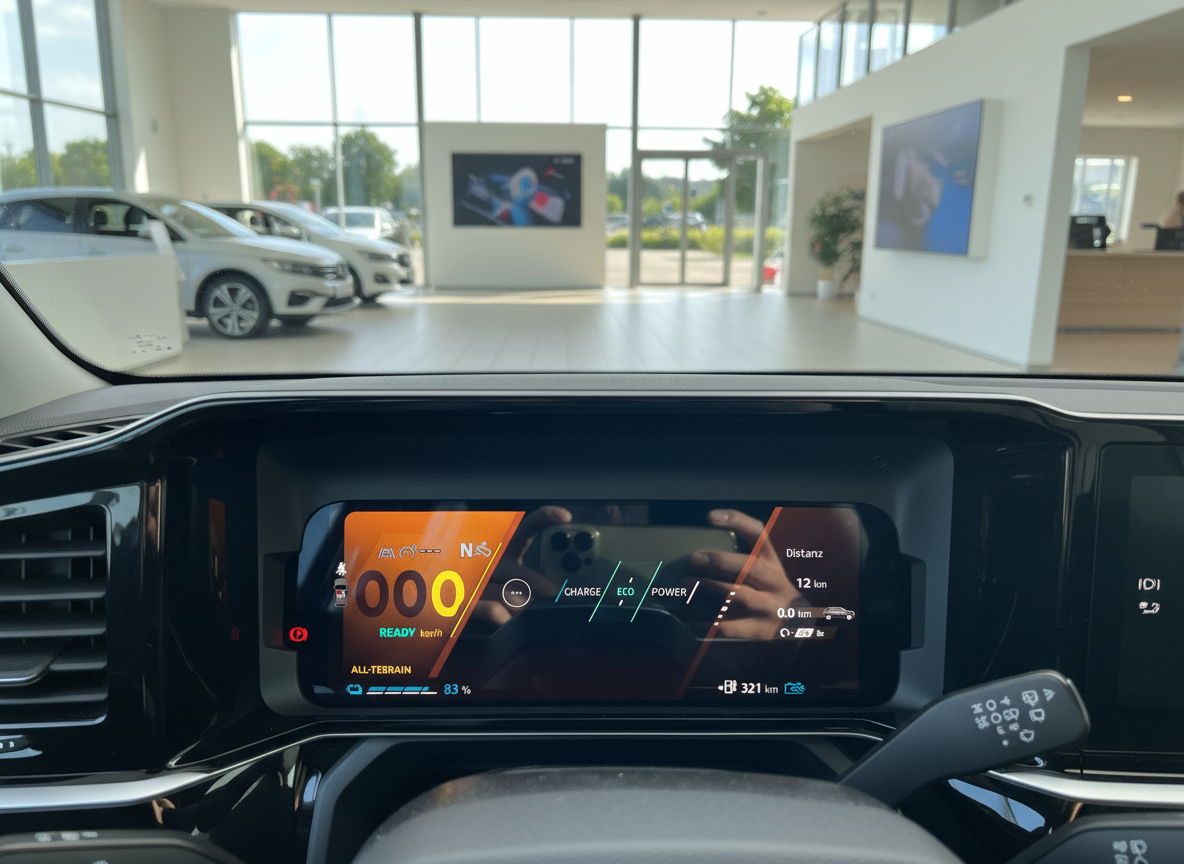 Digitales Cockpit-Display eines Elektrofahrzeugs mit 83% Akkustand und 321 km Reichweite im Autohaus