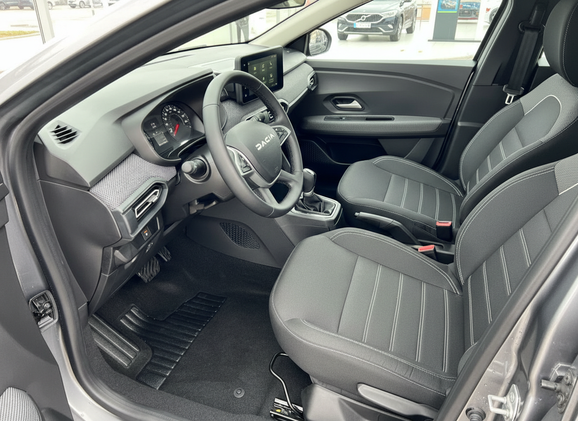 Dacia Innenraum Fahrerseite mit Lenkrad, Infotainment-Display und grauen Stoffsitzen