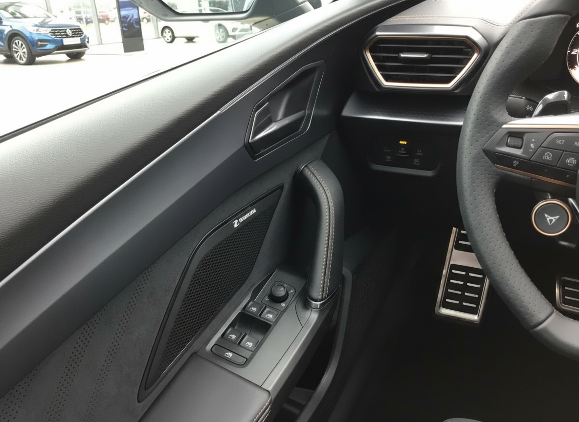 CUPRA Innenraum Fahrerseite mit Sennheiser Lautsprecher, Türverkleidung und Lenkrad