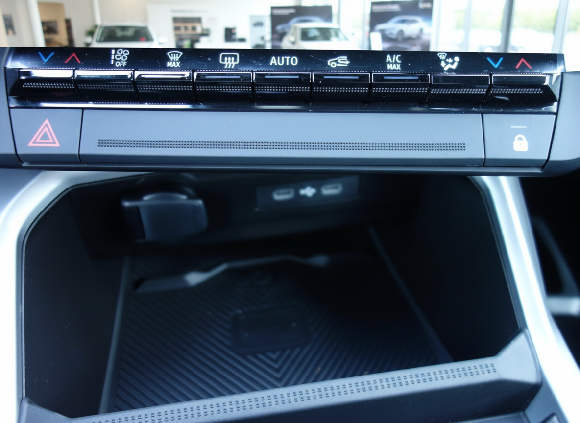 Fahrzeug Innenraum Klimabedieneinheit mit AUTO, A/C MAX und Mittelkonsole mit Ablagefach