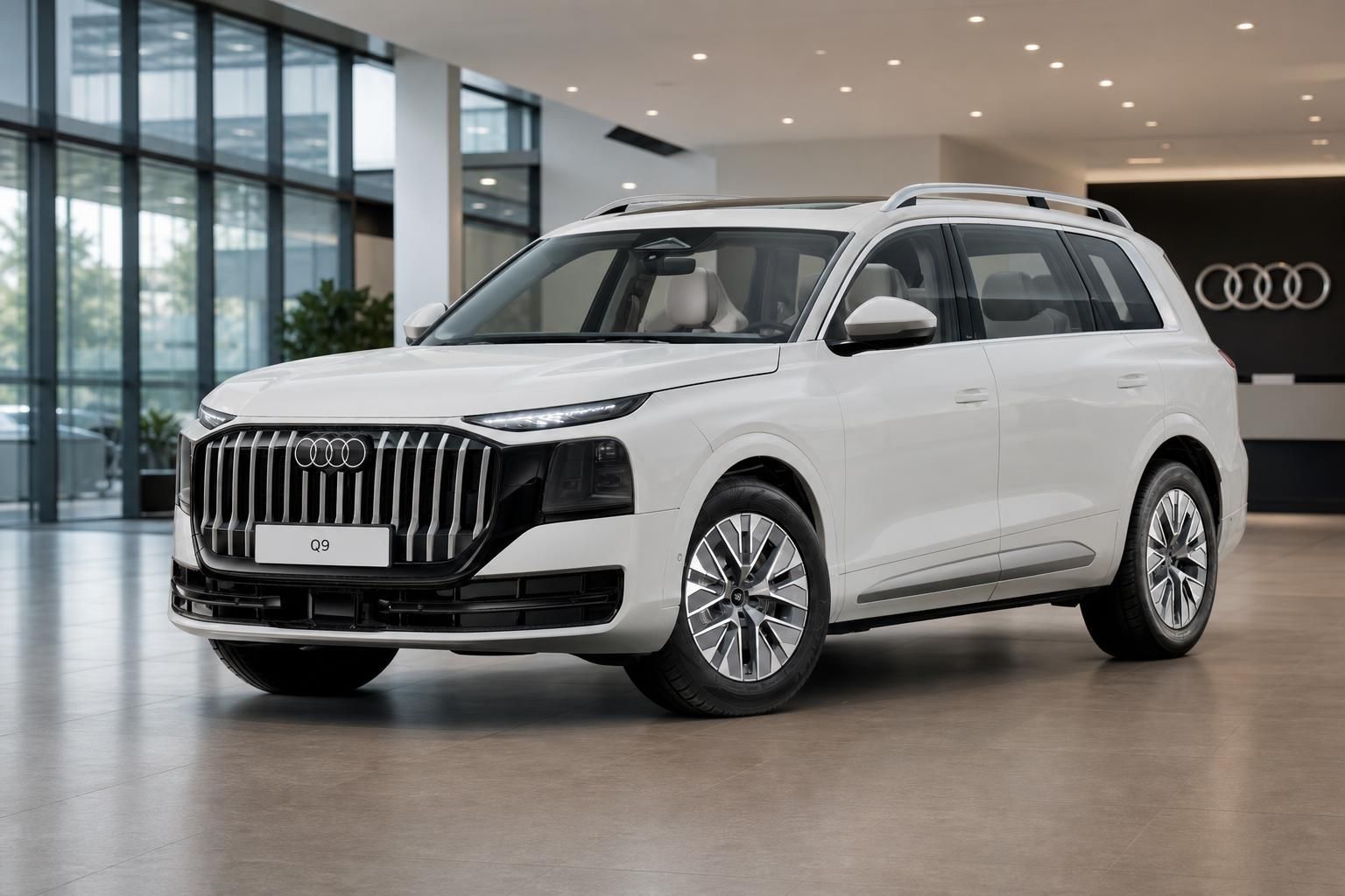 Audi Q9 in Weiß als SUV Frontansicht im Showroom des Autohauses