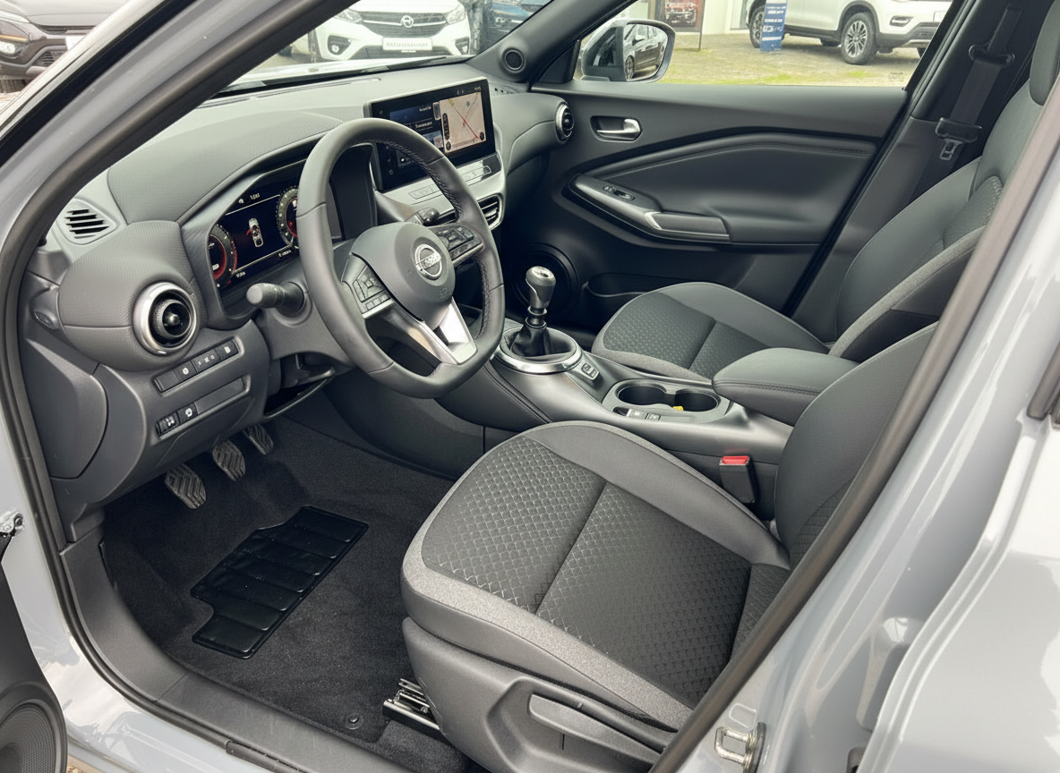 Nissan Qashqai Innenraum mit digitalem Cockpit, Touchscreen-Navigation und Stoffsitzen in Schwarz