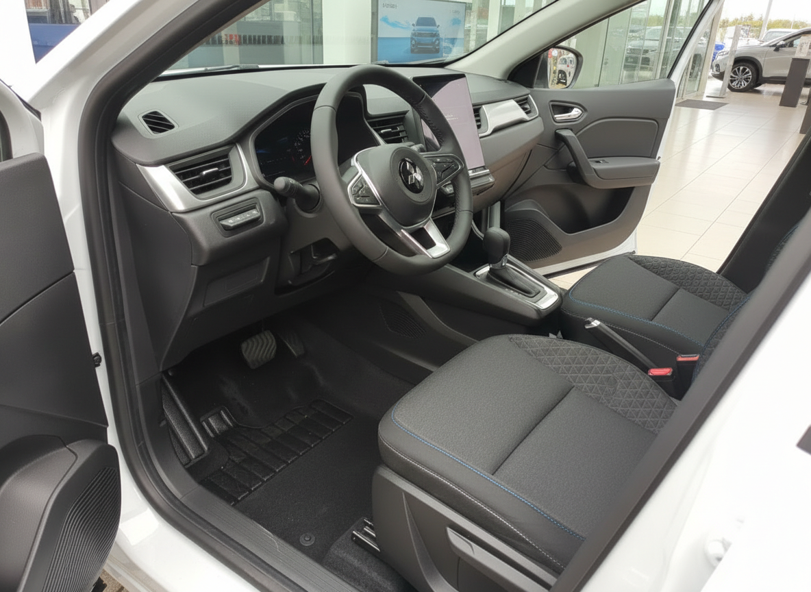 Mitsubishi Innenraum mit schwarzem Lenkrad, Touchscreen und Automatikgetriebe