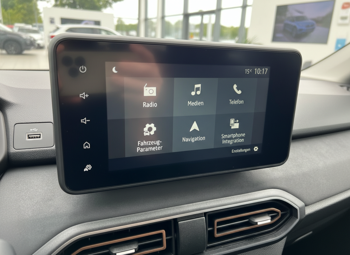 Infotainment-Touchscreen im Dacia mit Navigation, Radio, Medien und Smartphone Integration