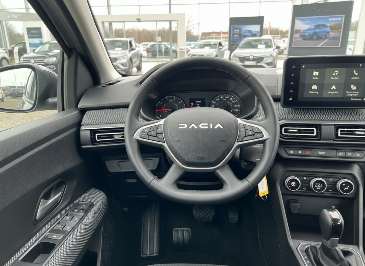 Dacia Innenraum mit Lenkrad, Cockpit und Touchscreen-Infotainment im Autohaus