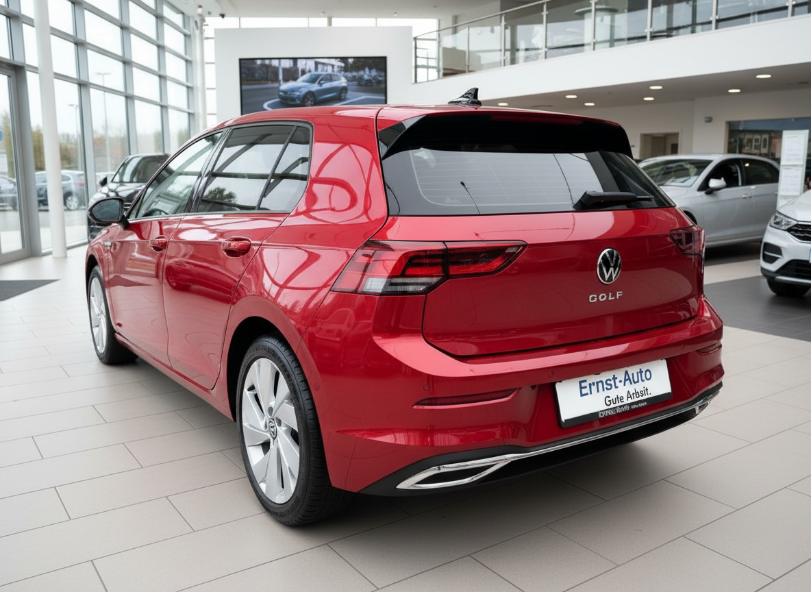 Roter Volkswagen Golf 8 Heckansicht im Autohaus Ernst-Auto