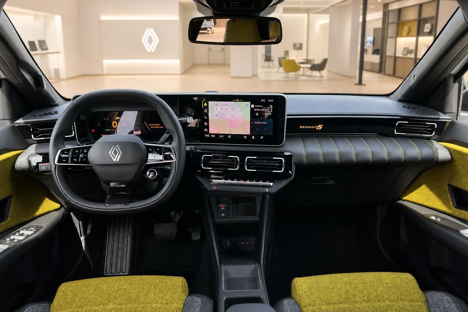 Renault Fahrzeug Armaturenbrett mit Touchscreen-Display und gelbem Interieur-Design aus Fahrerperspektive