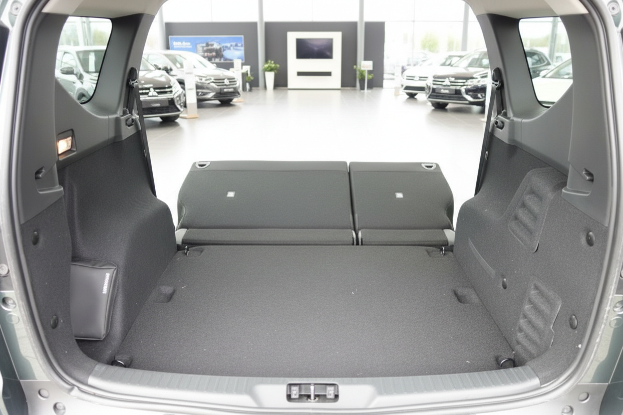 Mitsubishi SUV Kofferraum geöffnet mit umgeklappter dritter Sitzreihe im Autohaus