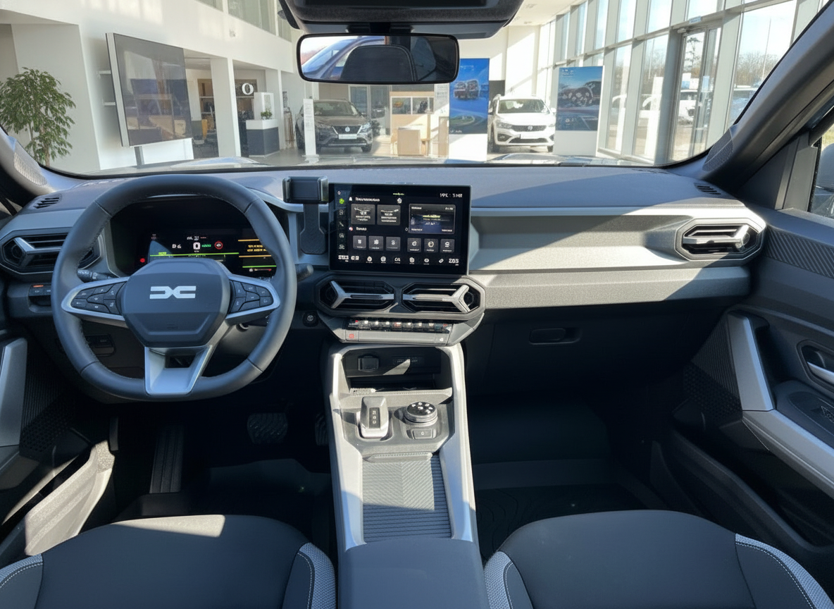 Dacia Innenraum mit digitalem Cockpit, Touchscreen-Infotainment und modernem Armaturenbrett