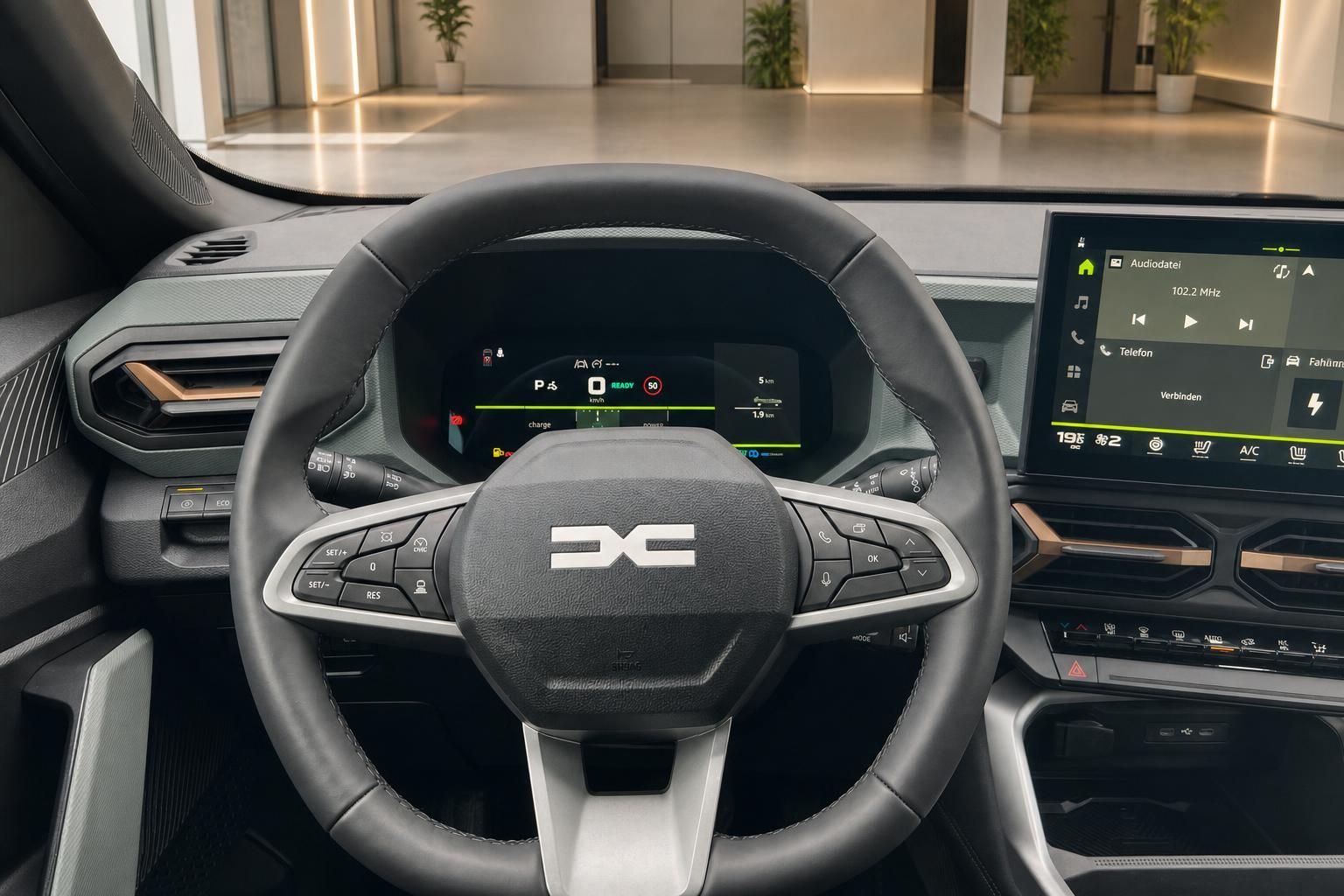 Modernes Fahrzeug Cockpit mit digitalem Armaturenbrett und Touchscreen-Display