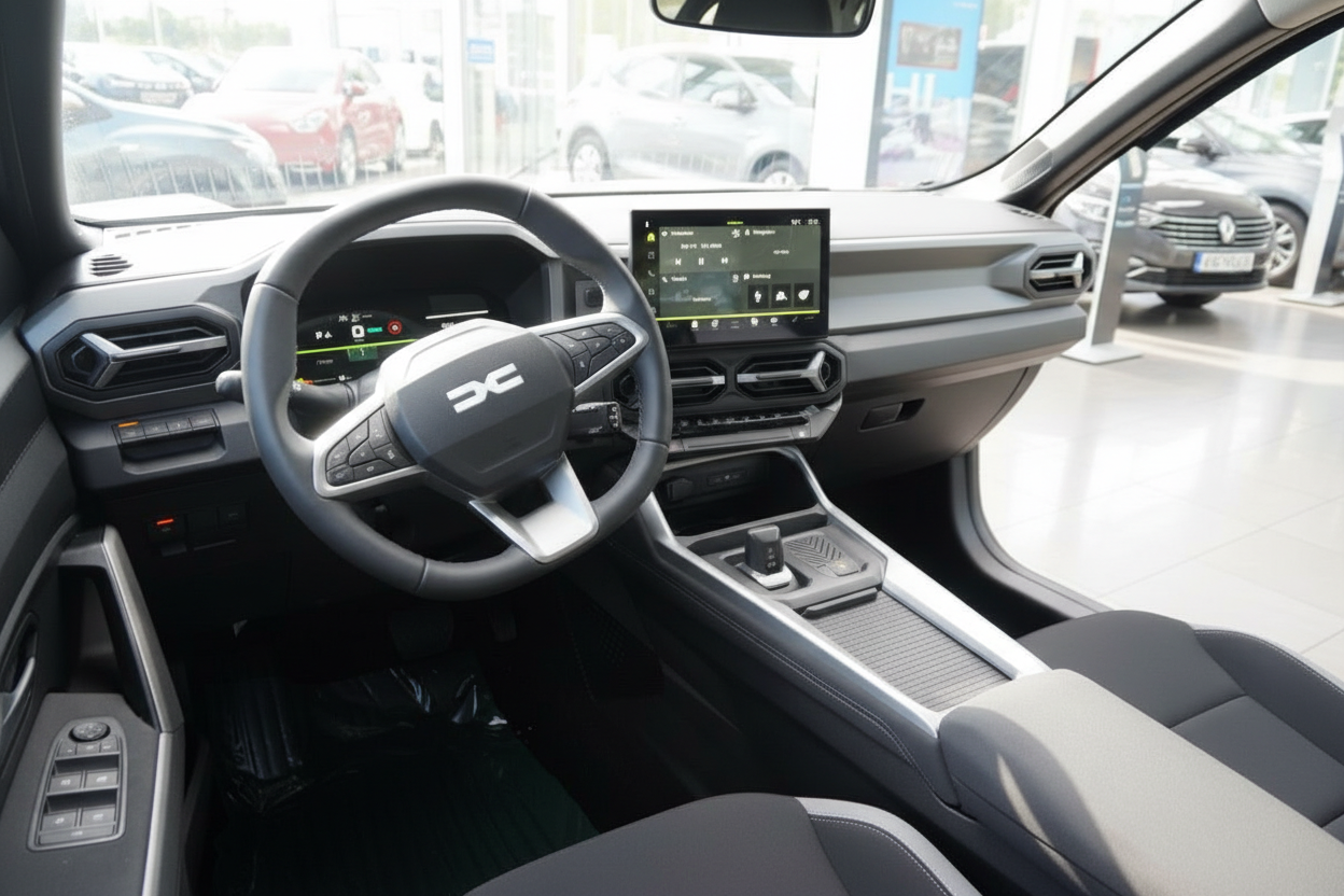 Dacia Innenraum mit Lenkrad, digitalem Cockpit und Touchscreen-Infotainmentsystem im Autohaus