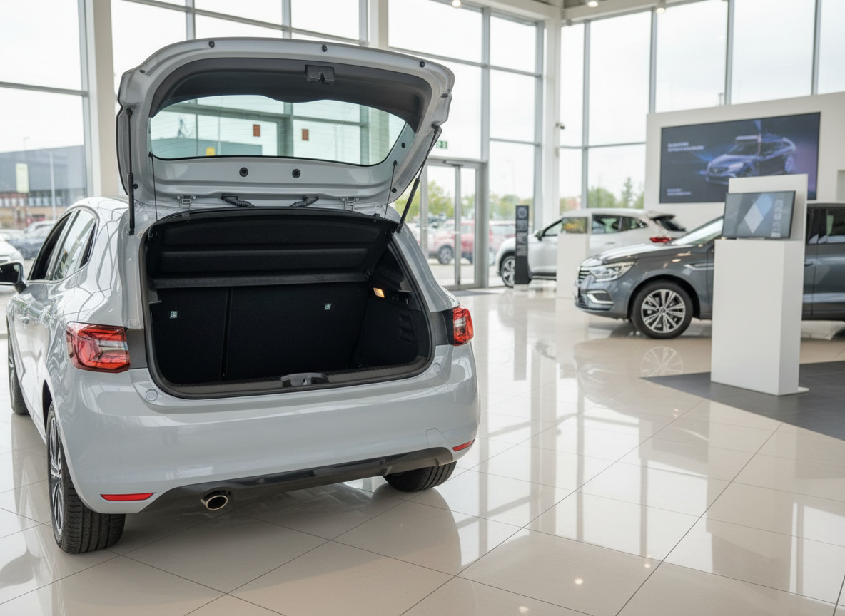 Silberner Kompaktwagen mit geöffnetem Kofferraum im Autohaus-Showroom