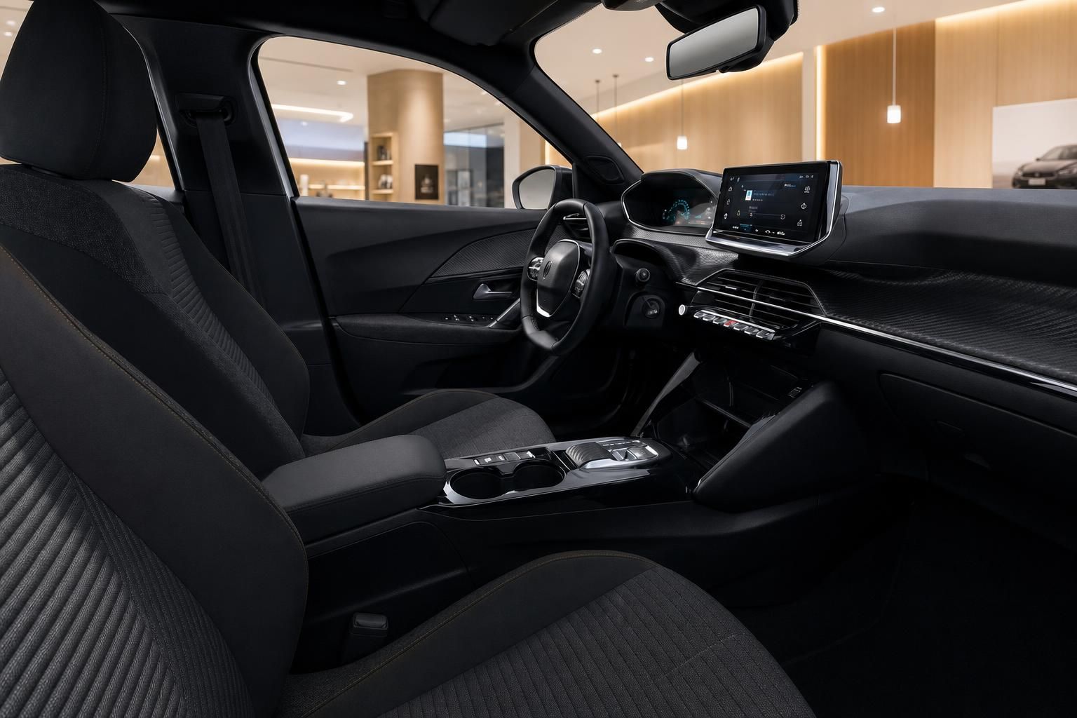 Peugeot E-2008 Innenraum mit Cockpit und schwarzen Sportsitzen