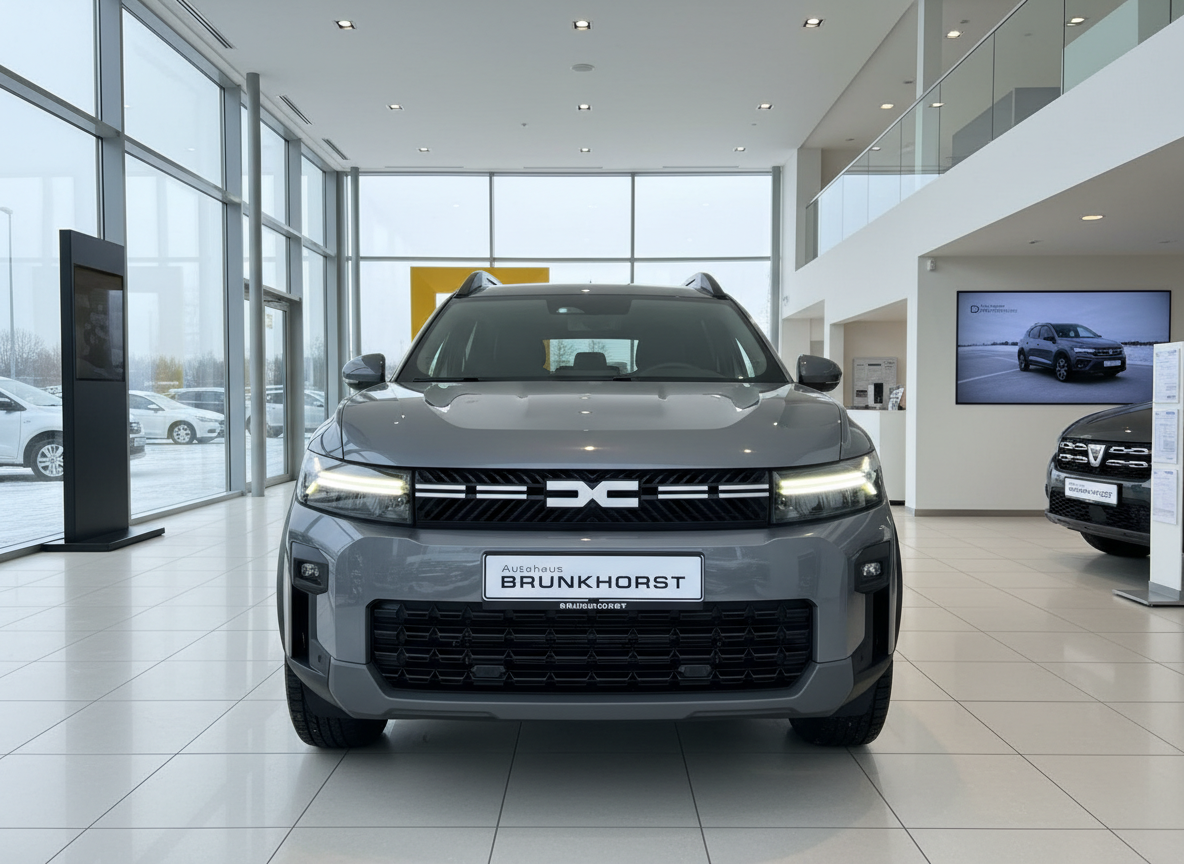 Dacia Duster SUV in Grau – Frontansicht im Autohaus Brunkhorst Showroom