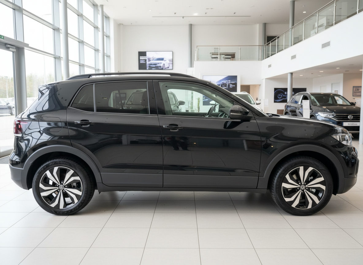 Schwarzer Volkswagen T-Cross SUV Seitenansicht im VW-Autohaus Showroom