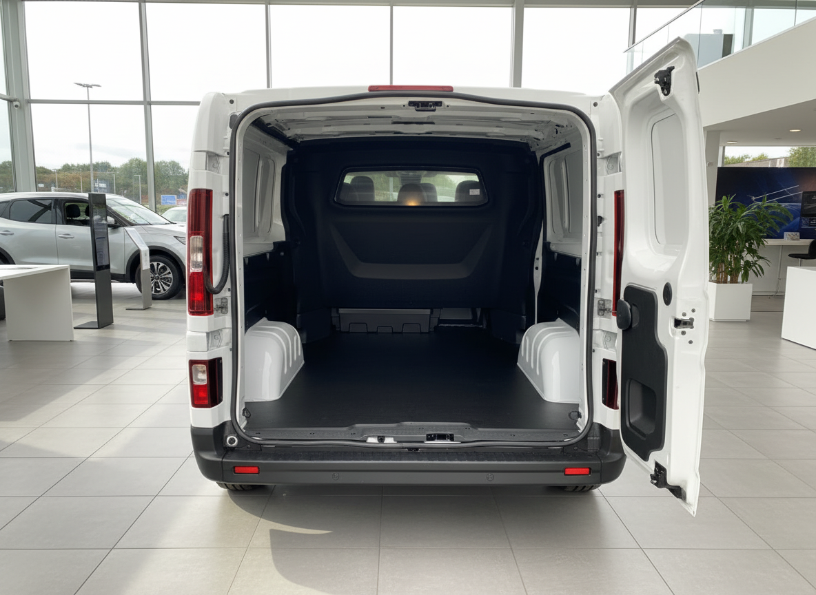 Weißer Renault Trafic Kastenwagen mit geöffneter Heckklappe im Autohaus