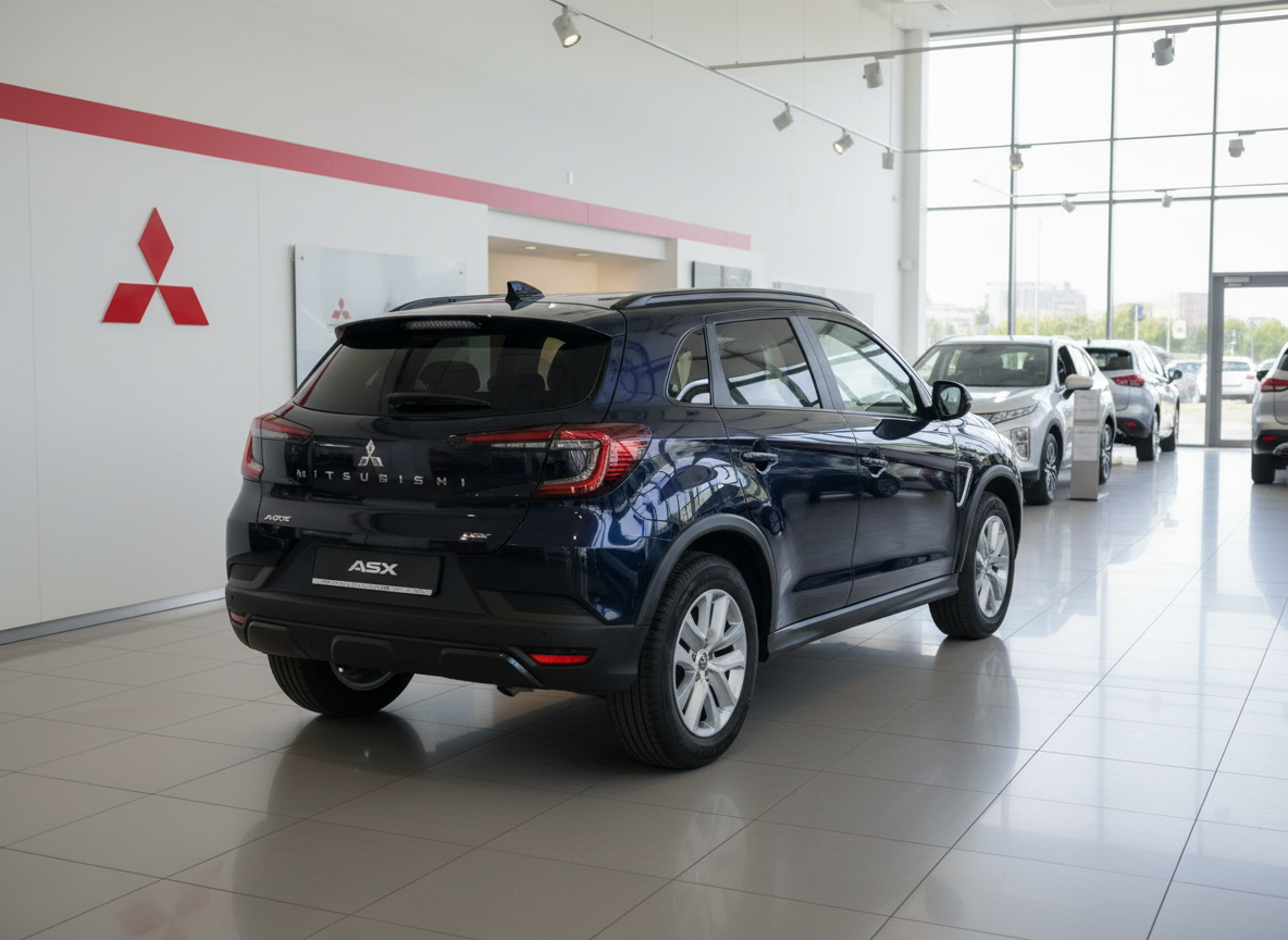 Mitsubishi ASX in Dunkelblau – Heckansicht im Autohaus Showroom