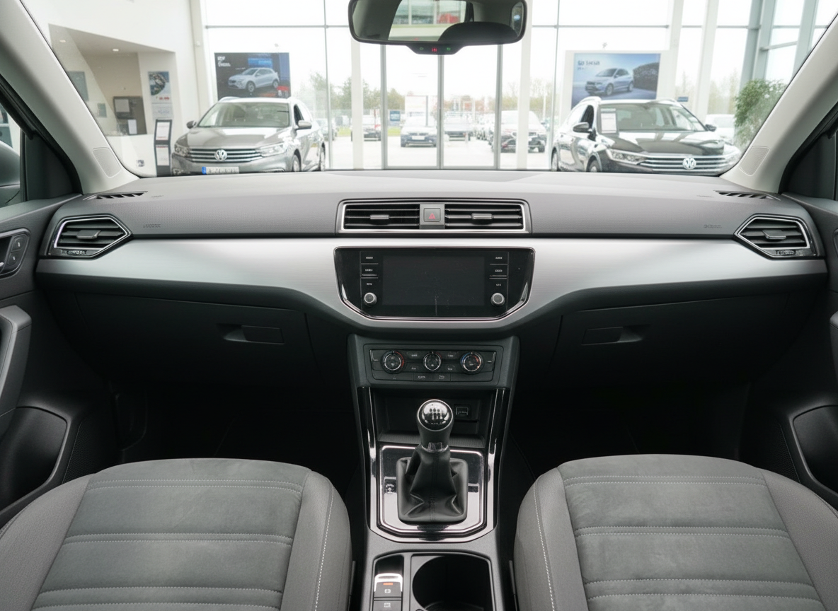 Volkswagen T-Cross Innenraum mit Schaltgetriebe, Infotainment-System und grauen Stoffsitzen im VW-Autohaus