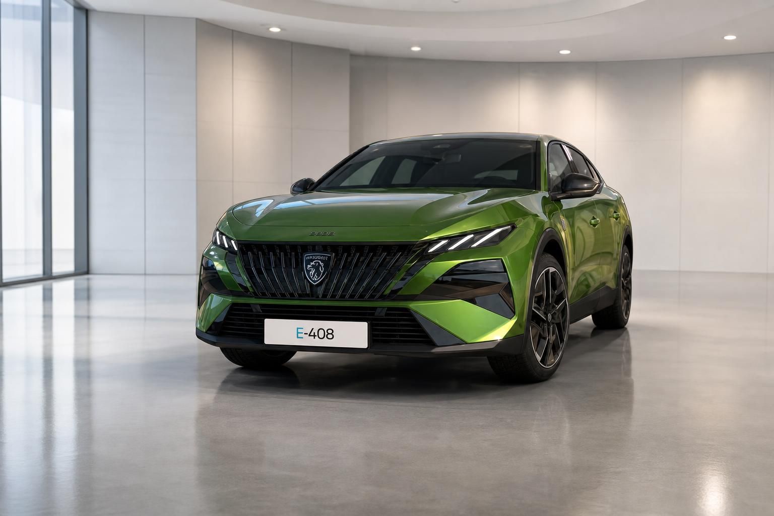 Peugeot E-408 in Gruen metallic, Frontansicht im Showroom