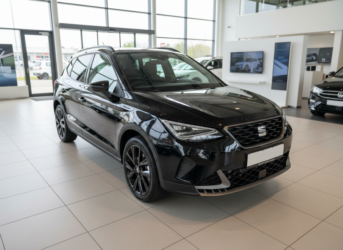 Schwarzer SEAT Arona SUV in Autohaus-Ausstellung, Frontansicht schräg links