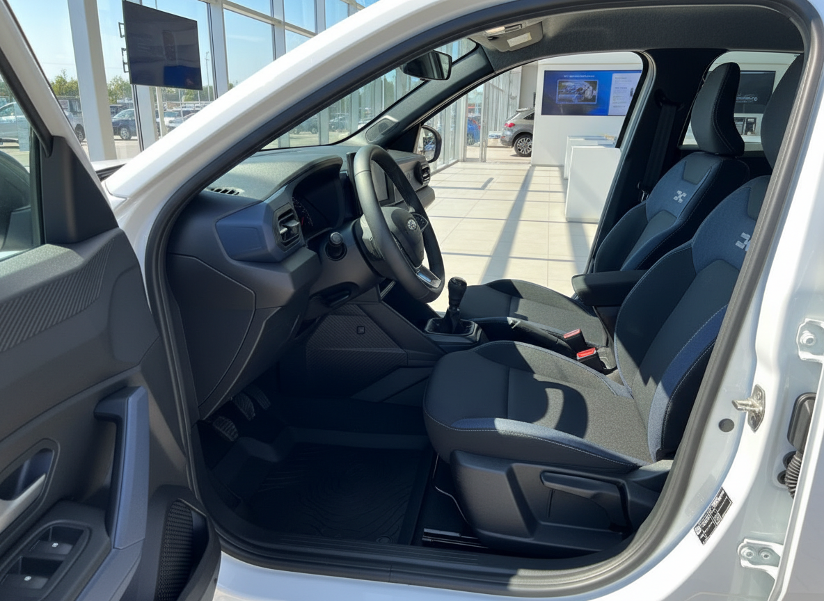 Fahrzeuginnenraum mit schwarzen Sportsitzen, Schaltgetriebe und Lenkrad im VW-Autohaus