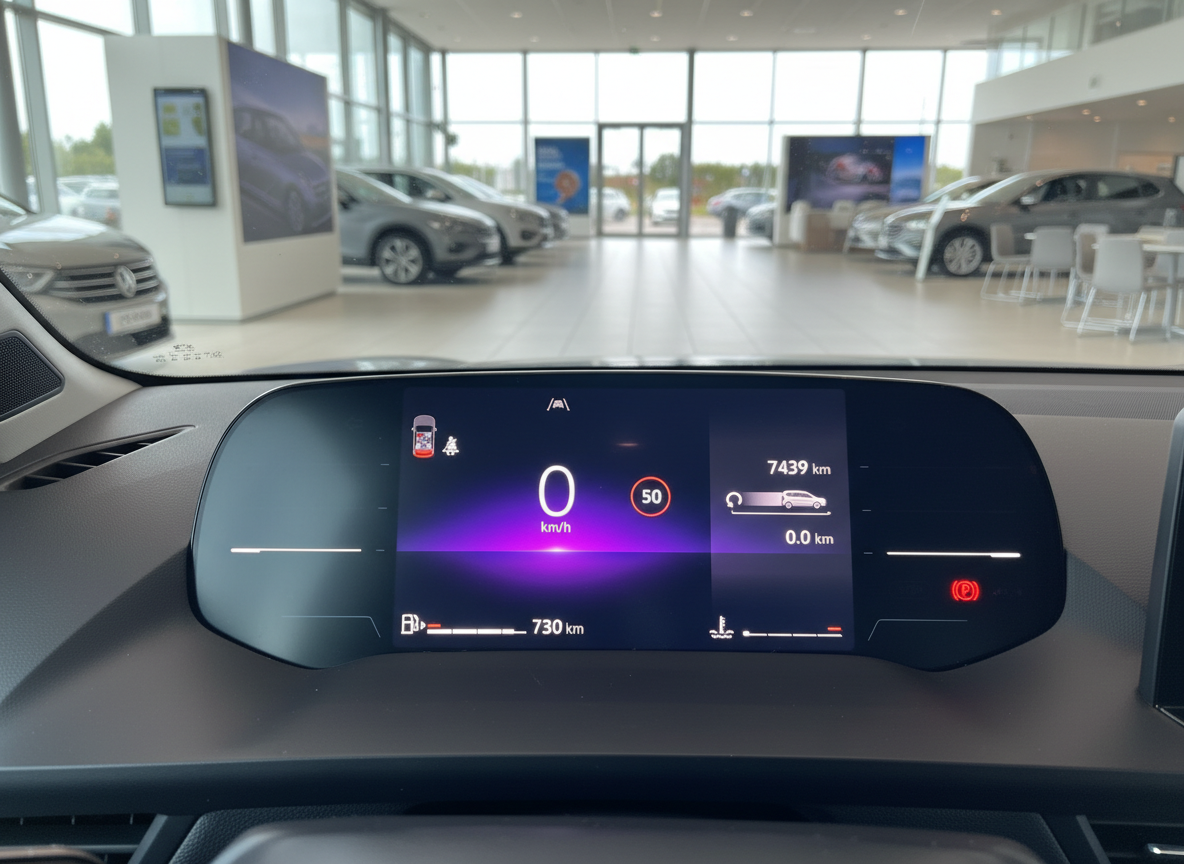 Volkswagen Fahrzeug Innenraum mit digitalem Kombiinstrument im Autohaus, 7439 km