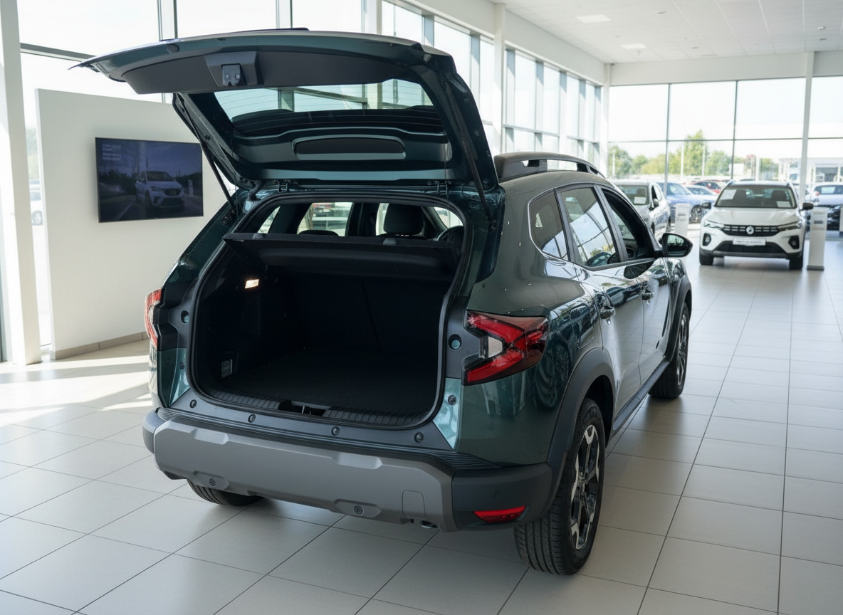 Grüner SUV mit geöffneter Heckklappe im Autohaus – geräumiger Kofferraum