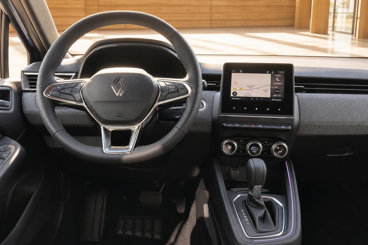 Renault Cockpit mit Lenkrad, Touchscreen-Navigation und Mittelkonsole