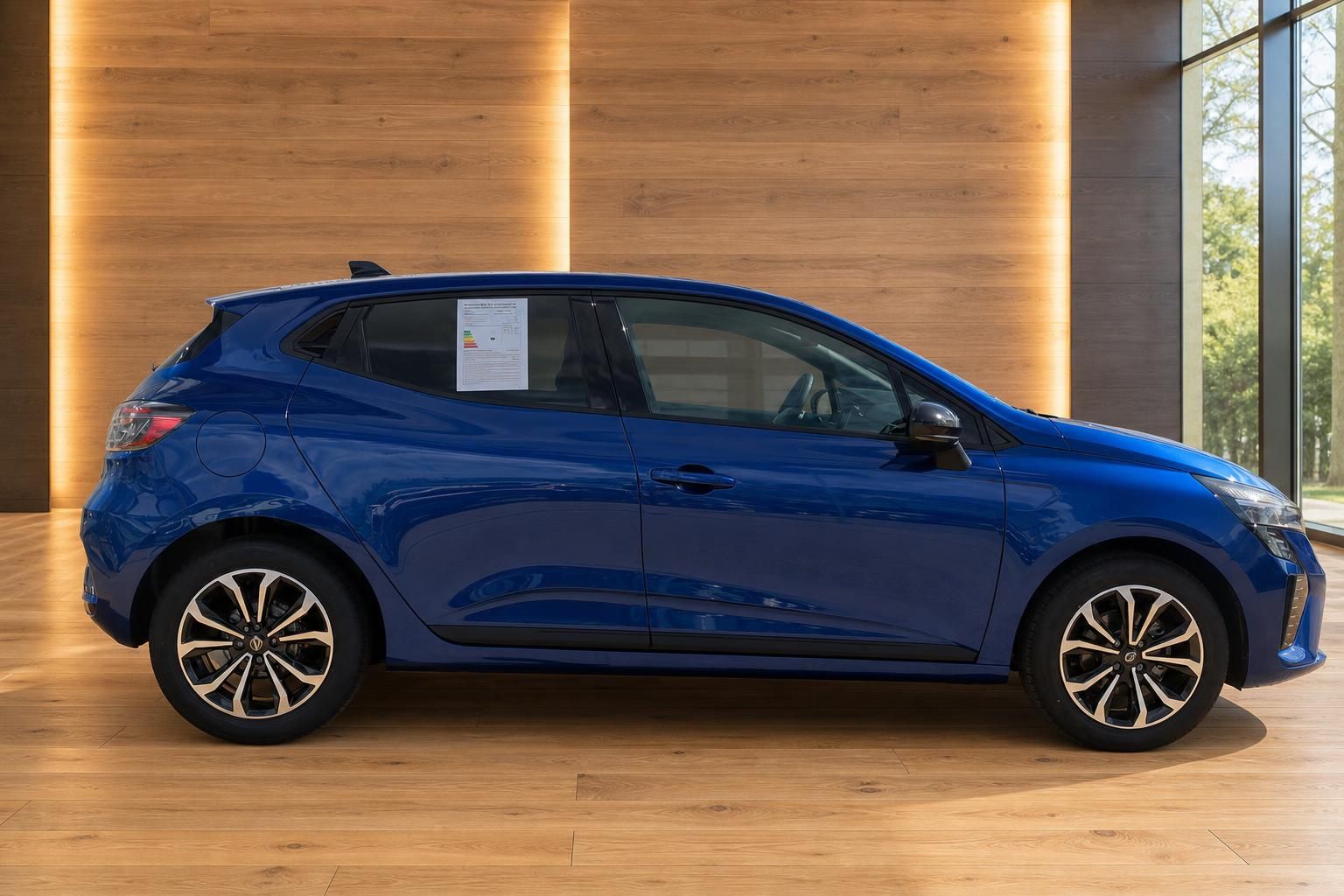 Renault Clio blau, Seitenansicht im Autohaus
