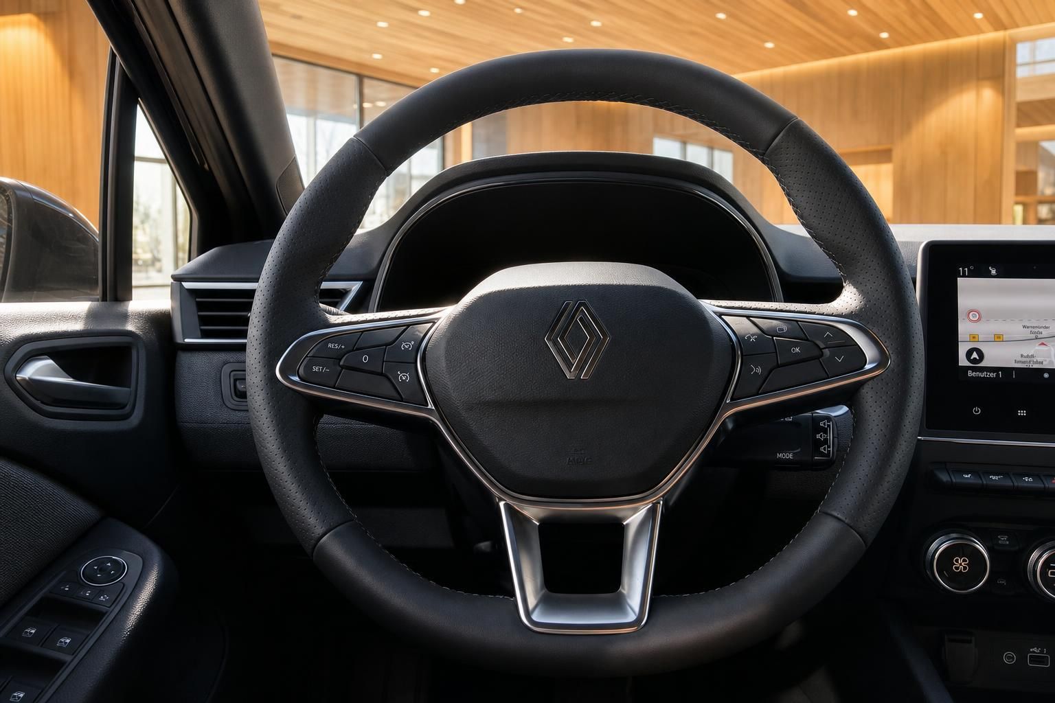 Renault Lenkrad mit Multifunktionstasten und Navigationsdisplay im Innenraum